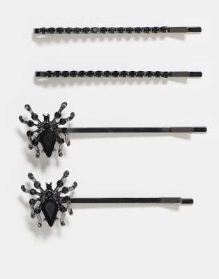 ASOS DESIGN - Halloween - Set mit 4 Haarspangen in Silberoptik mit strassverziertem Spinnen-Design