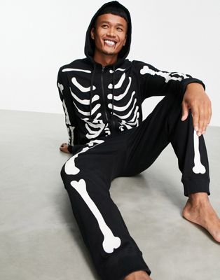 ASOS DESIGN halloween skeleton print onesie in black