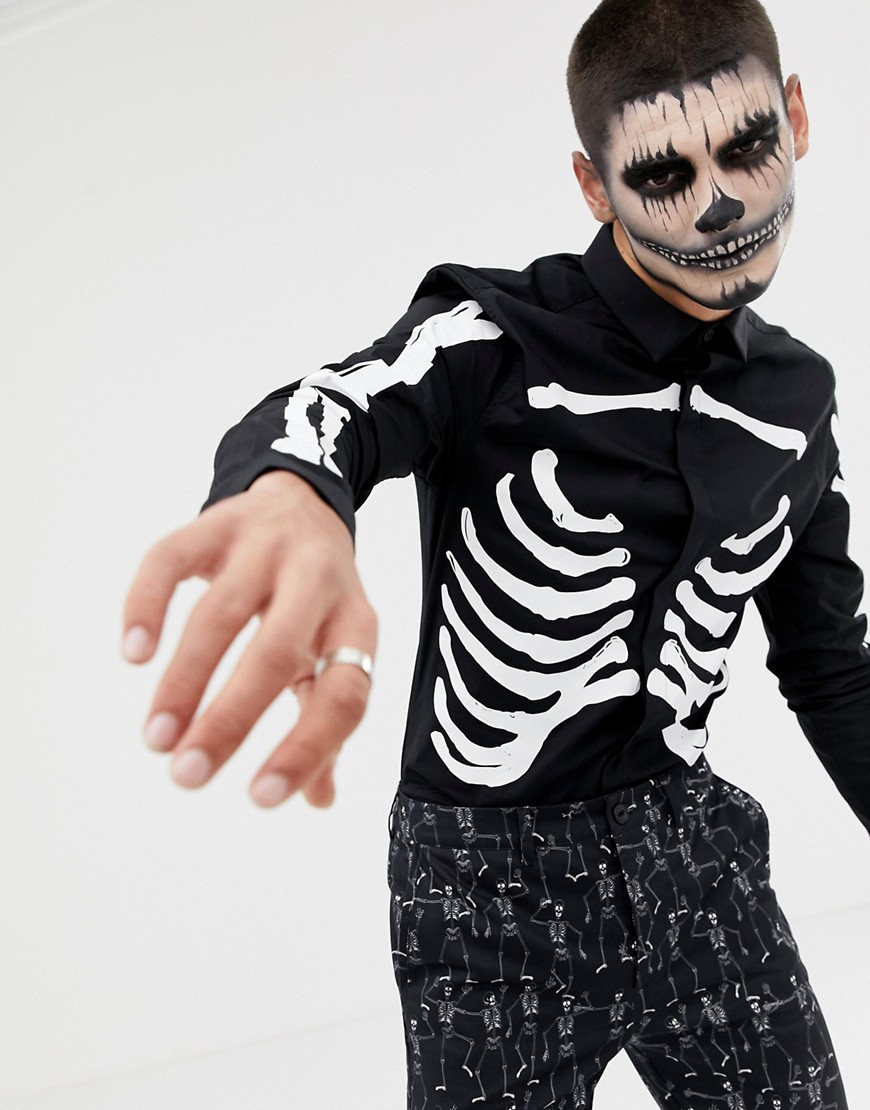 ASOS DESIGN - Halloween - Skinny overhemd met skeletprint in zwart