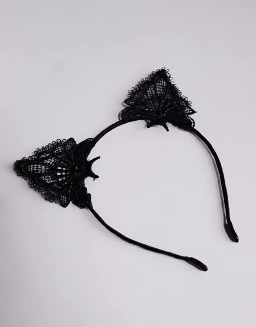 ASOS DESIGN - Halloween - Sort hårbøjle med plyssede katteører i blondestof, 3 af 3