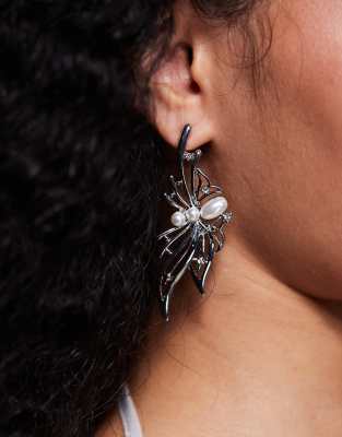 Asos Design Halloween Statement Earrings With Spider Design And Faux Pearls In Black