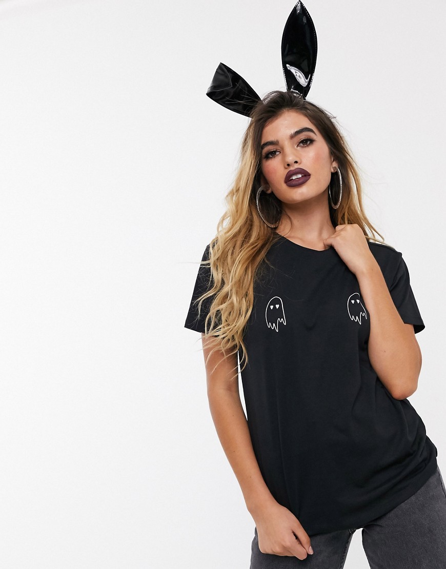 ASOS DESIGN - Halloween t-shirt i økologisk bomuld med selvlysende spøgelsesprint-Sort