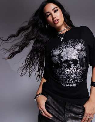 ASOS DESIGN - Halloween - T-Shirt in Schwarz mit Hotfix-Totenkopf und Korsett-Detail