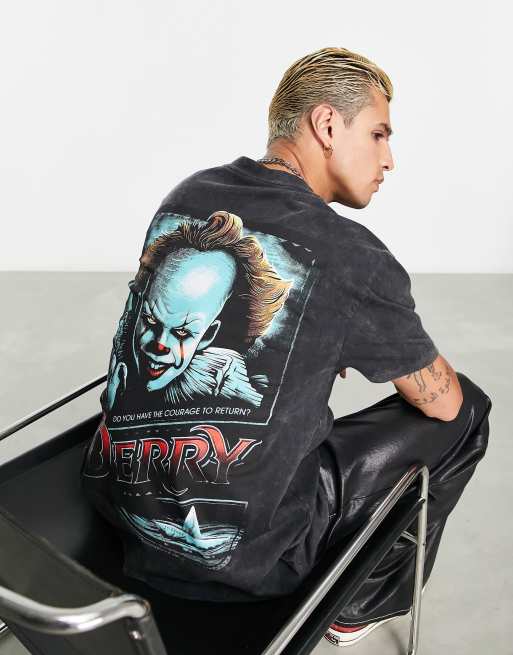 ASOS DESIGN Halloween – T-shirt o kroju oversize w kolorze spranej czerni z motywem klauna i napisem „IT”