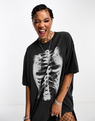 ASOS DESIGN - Halloween - T-shirt oversize à imprimé radio de squelette - Noir délavé | ASOS