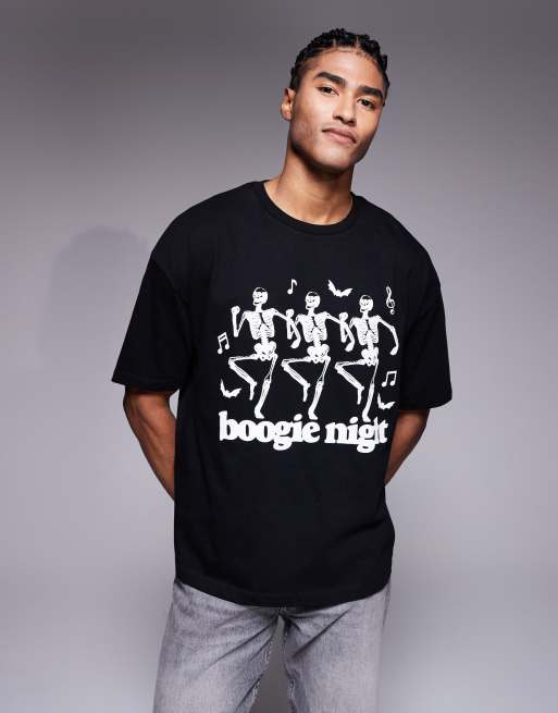ASOS DESIGN - Halloween - T-shirt oversize squadrata nera con grafica con scheletri danzanti