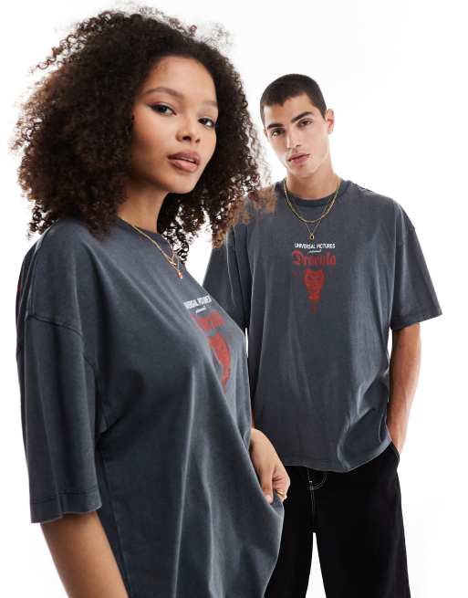 ASOS DESIGN - Halloween - T-shirt oversize unisex nero slavato con stampa "Dracula", 2 di 4