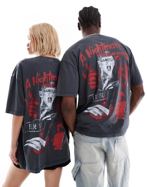 ASOS DESIGN – Halloween – T-shirt unisex o fasonie oversize w spranym czarnym kolorze z nadrukiem z napisem Nightmare on Elm Street