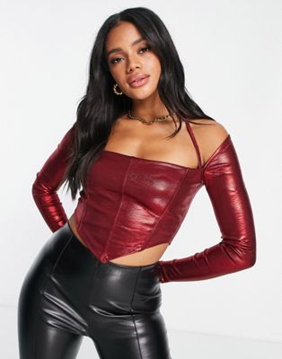 ASOS DESIGN Halloween ultra wide neck top with choker in red foil