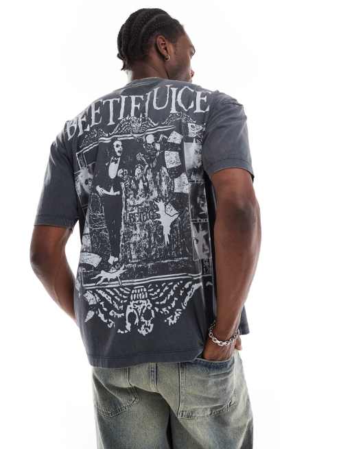 ASOS DESIGN - Halloween - Unisex - Forvasket sort oversized t-shirt med 'Beetlejuice'-print