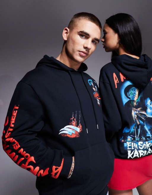 ASOS DESIGN Halloween unisex oversized hoodie with Nightmare on Elm Street puff prints in black