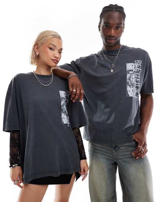 ASOS DESIGN Halloween unisex oversized T shirt with Beetlejuice prints in washed black