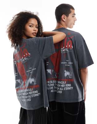 ASOS DESIGN - Halloween - Unisex-T-Shirt in verwaschenem Schwarz mit Oversize-Schnitt und „Dracula"-Prints