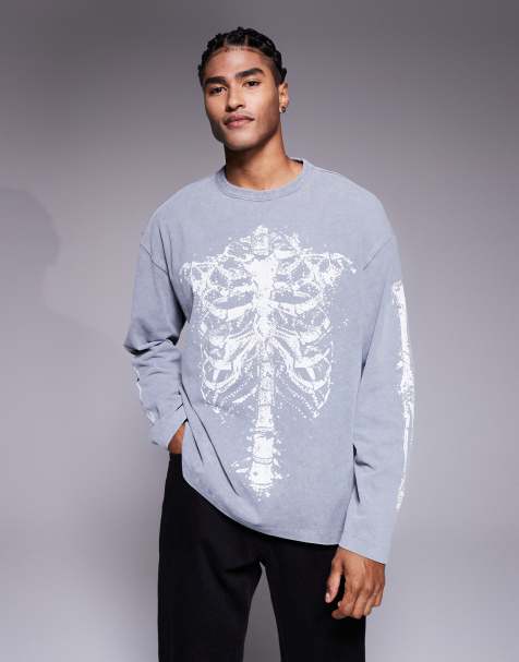 ASOS DESIGN - Halloween - Vasket grå kraftig oversized T-shirt med lange ærmer og grafik med ribbensskelet - view 1