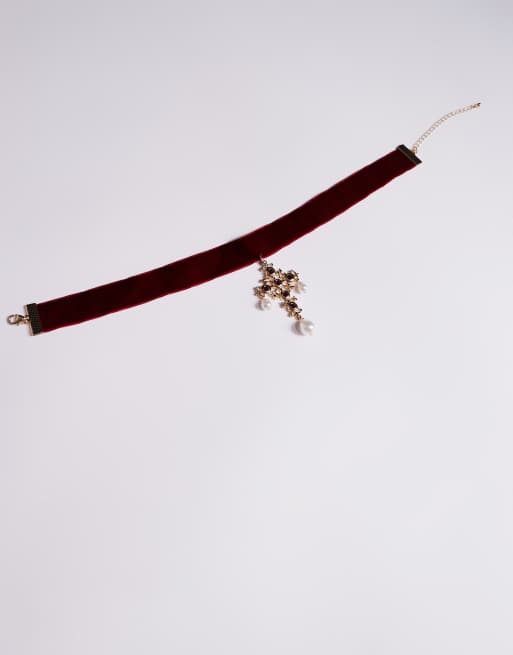 ASOS DESIGN Halloween velvet choker with cross and faux pearl details in burgundy