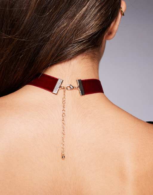 ASOS DESIGN Halloween velvet choker with cross and faux pearl details in burgundy