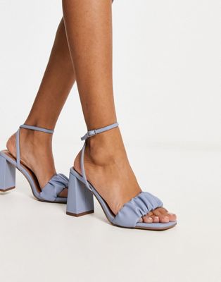 Asos Design Halo Ruched Detail Mid Heeled Sandals In Blue