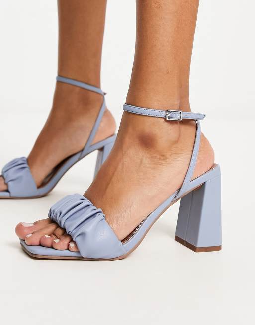 ASOS DESIGN Halo ruched detail mid heeled sandals in blue | ASOS