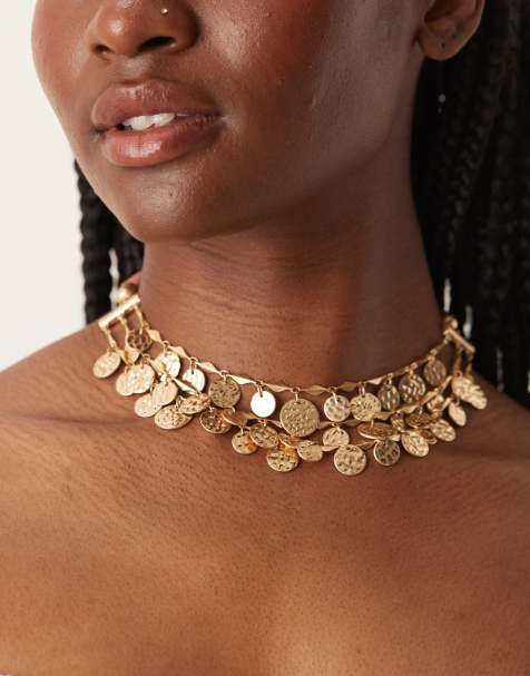 ASOS DESIGN – Halsband i flera rader med mynthängen och rosa band - view 1