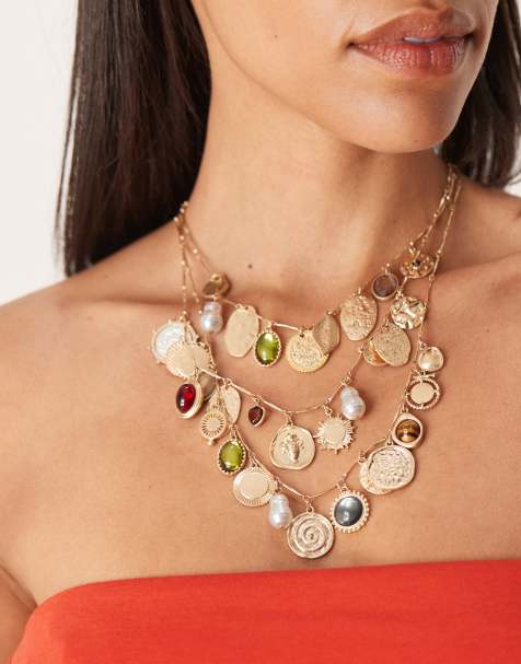 ASOS DESIGN – Halsband i flera rader med pärlimitation, smyckestenar guldfärgade hängen - view 1