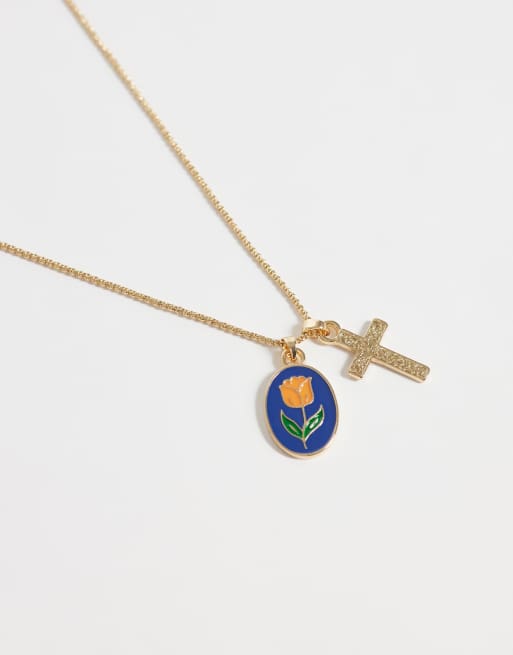ASOS DESIGN halsband med emaljerad ros och korshänge i guld, 3 av 4