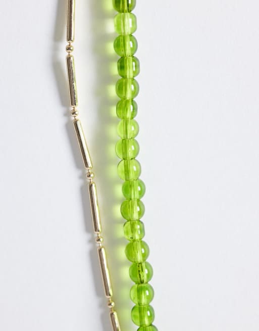 ASOS DESIGN halsband med flera rader, gröna pärlor och guldfärgad kedja, 4 av 4