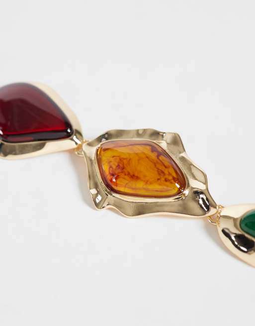 ASOS DESIGN halsband med röda, bärnstensfärgade och gröna stenar med smält effekt i guldfärg, 4 av 4