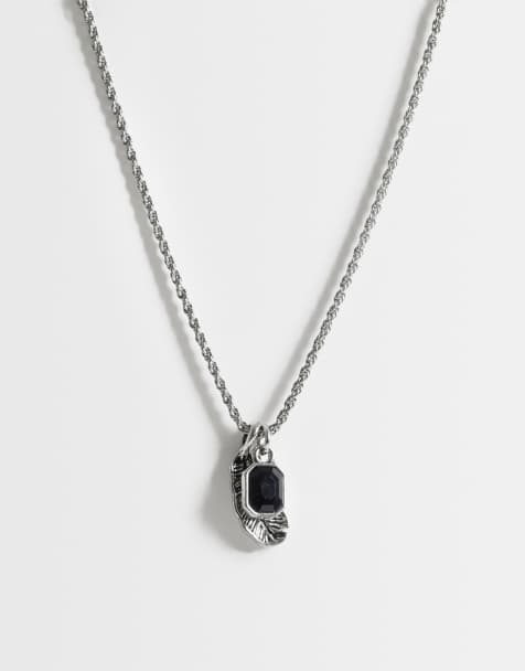 ASOS DESIGN halsband med svart sten och fjäderhänge i silver - view 1