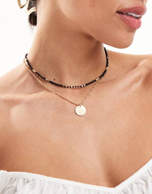 ASOS DESIGN – Halsband med svarta pärlor och platta, 2-pack
