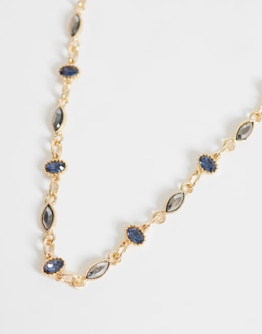 ASOS DESIGN halskæde med blå og kulgrå krystaller i guld, 3 af 4