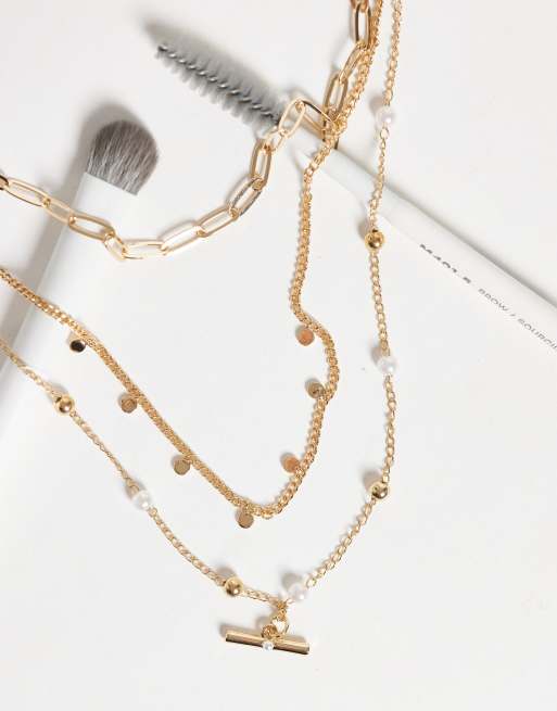 ASOS DESIGN halskæde med flere rækker, kunstperler og T-lås i guldfarve - GOLD, 2 af 4