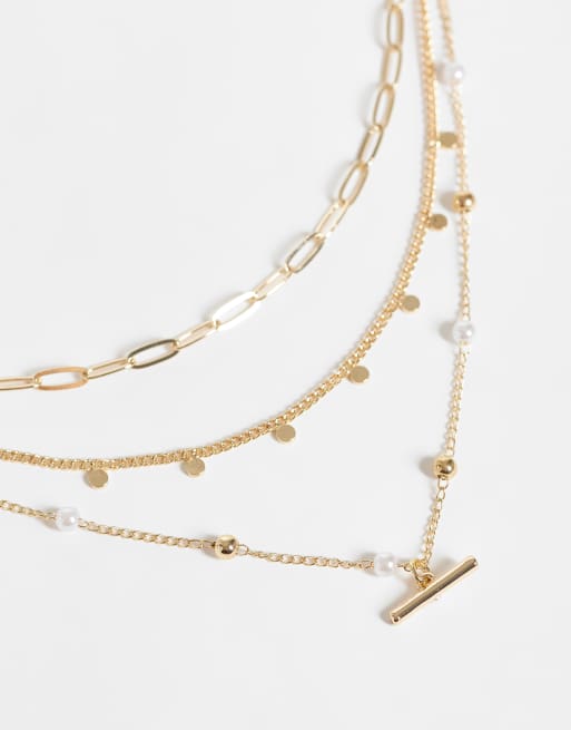 ASOS DESIGN halskæde med flere rækker, kunstperler og T-lås i guldfarve - GOLD, 3 af 4