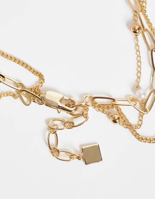 ASOS DESIGN halskæde med flere rækker, kunstperler og T-lås i guldfarve - GOLD, 4 af 4