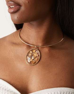 ASOS DESIGN - Halskette in Goldoptik mit dünnen Draht- und Blumen-Details-Goldfarben