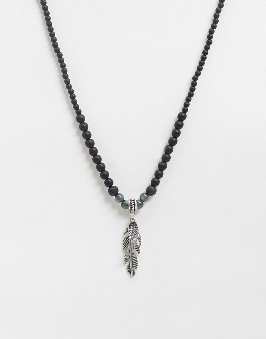 ASOS DESIGN - Halsketting met kralen in zwart en verenhangers in verouderd zilver