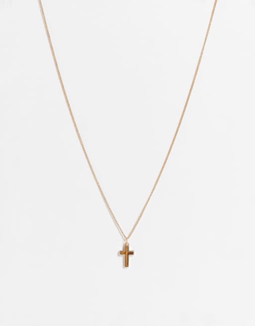 ASOS DESIGN - Halsketting met kruis van imitatietijgeroogsteen in goudkleur