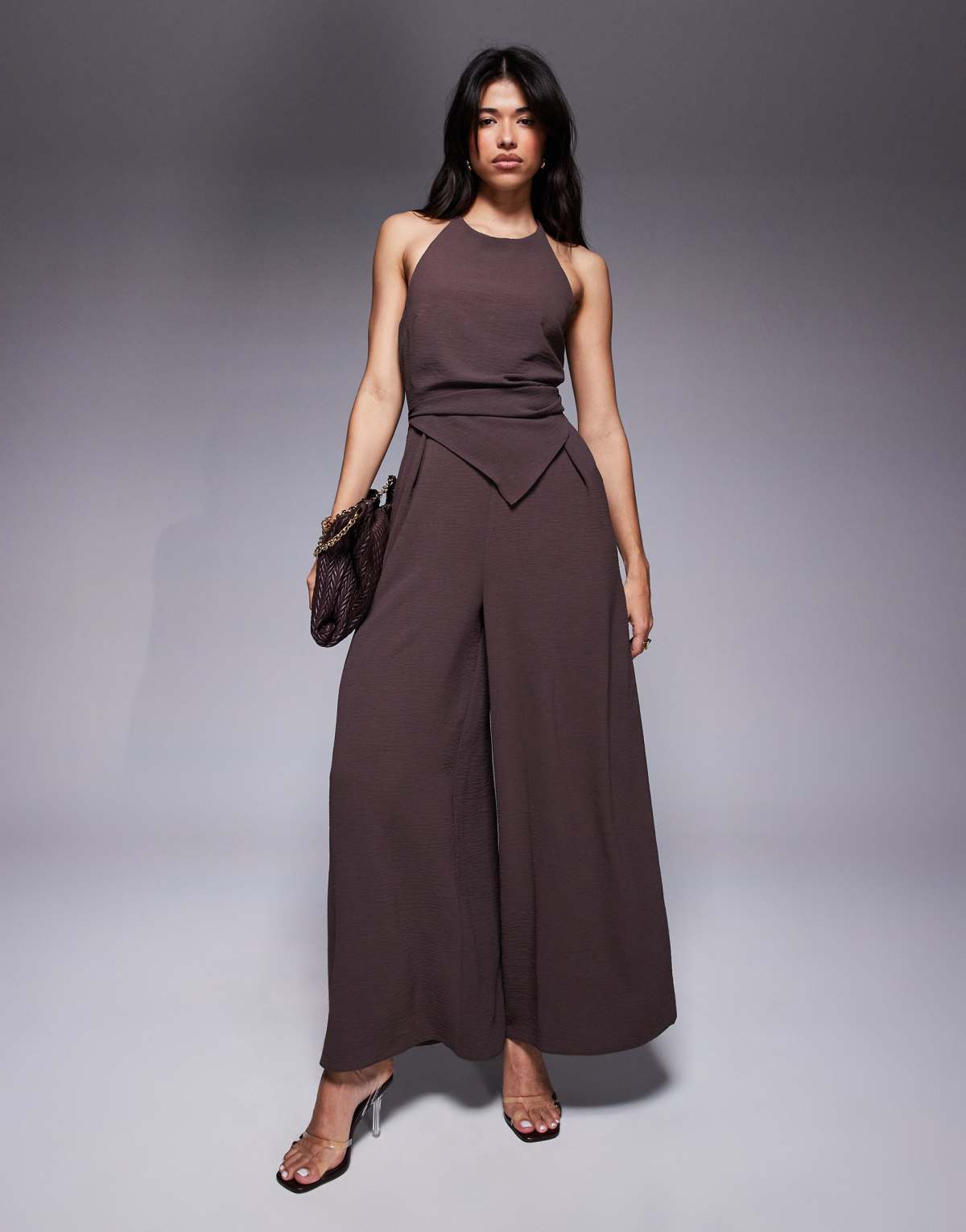 ASOS DESIGN halter asym overlay detail jumpsuit in chocolate brown