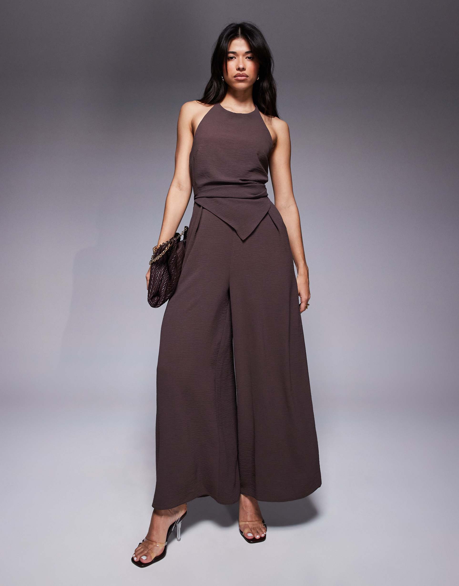 asos design halter asymmetric overlay detail jumpsuit in chocolate brown