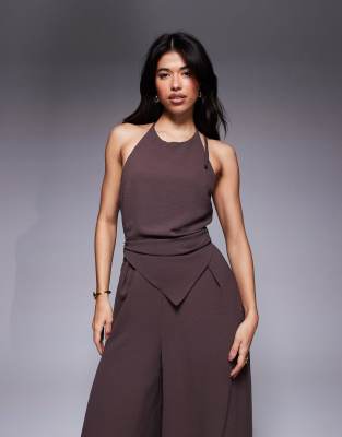 Asos Design Halter Asymmetric Overlay Detail Jumpsuit In Brown
