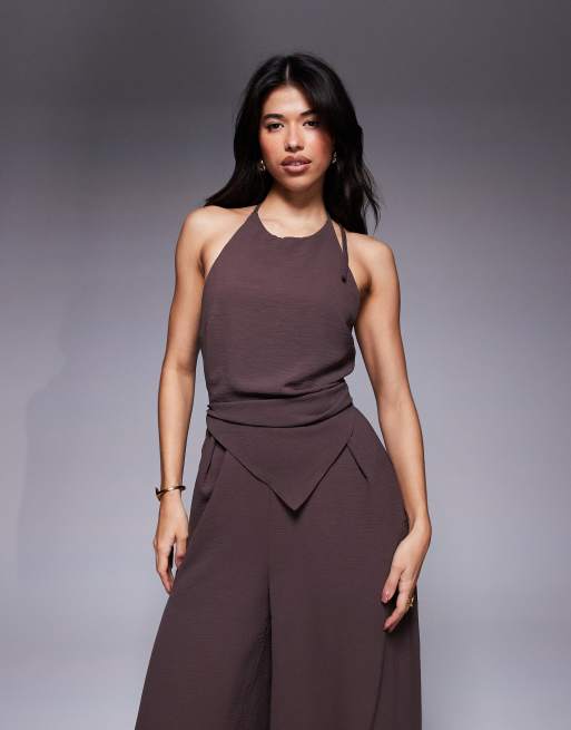 ASOS DESIGN halter asymmetric overlay detail jumpsuit in chocolate brown