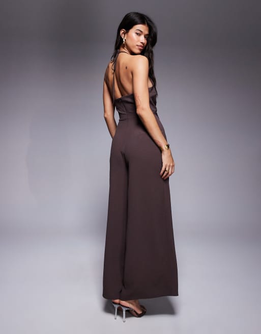 ASOS DESIGN halter asymmetric overlay detail jumpsuit in chocolate brown