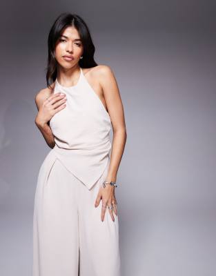 Asos Design Halter Asymmetric Overlay Detail Jumpsuit In Neutral
