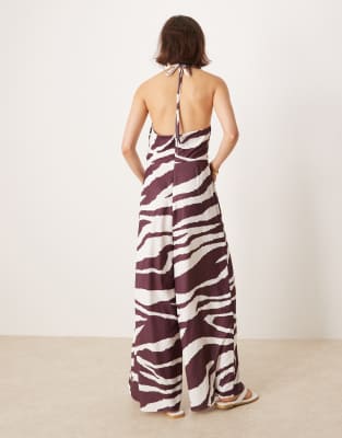 Asos Design Halter Asymmetric Overlay Detail Jumpsuit In Burgundy