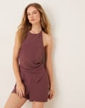 [ASOS DESIGN] ASOS DESIGN halter asymmetric overlay detail playsuit in grape-Neutral 12 Grape