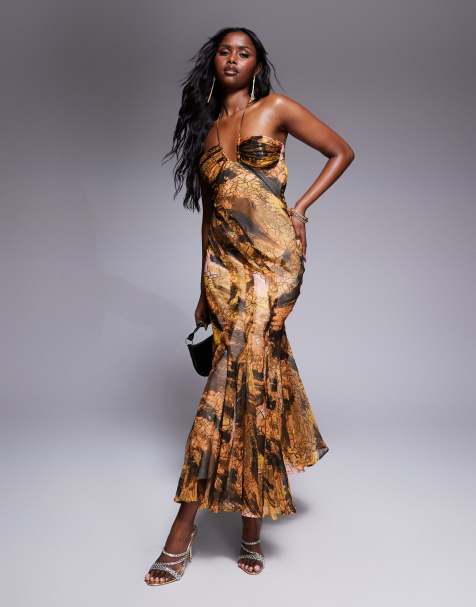 ASOS DESIGN halter asymmetric raw edge maxi dress in abstract print - view 1