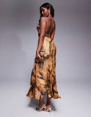 Asos Design Halter Asymmetric Raw Edge Maxi Dress In Multi