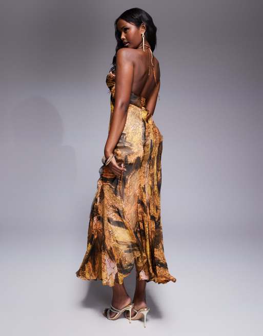 ASOS DESIGN halter asymmetric raw edge maxi dress in abstract print