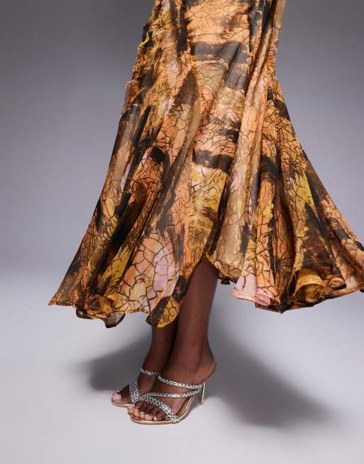 ASOS DESIGN halter asymmetric raw edge maxi dress in abstract print