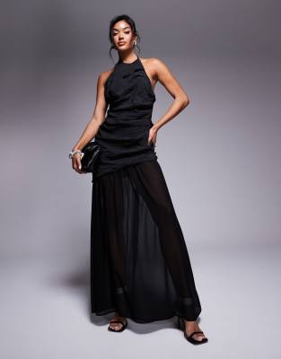 halter asymmetric ruched maxi dress with chiffon skirt in black