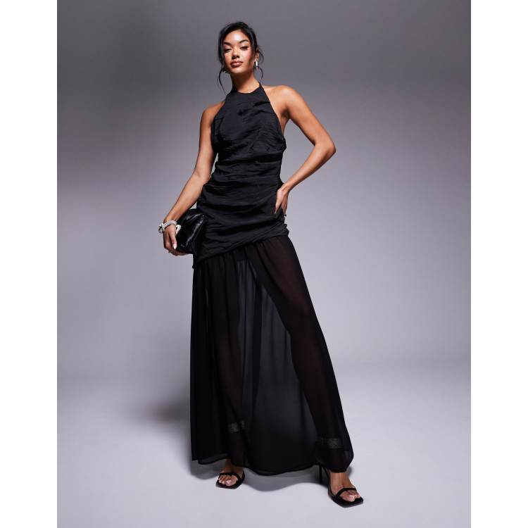 オールインワン・サロペット Givenchy Black Ribbed Maxi Dress With Flowing Skirt Givenchy Womens One Shoulder Draped Long Sleeve Dress Black